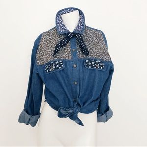 Denim Button Up Top with Flora Detail